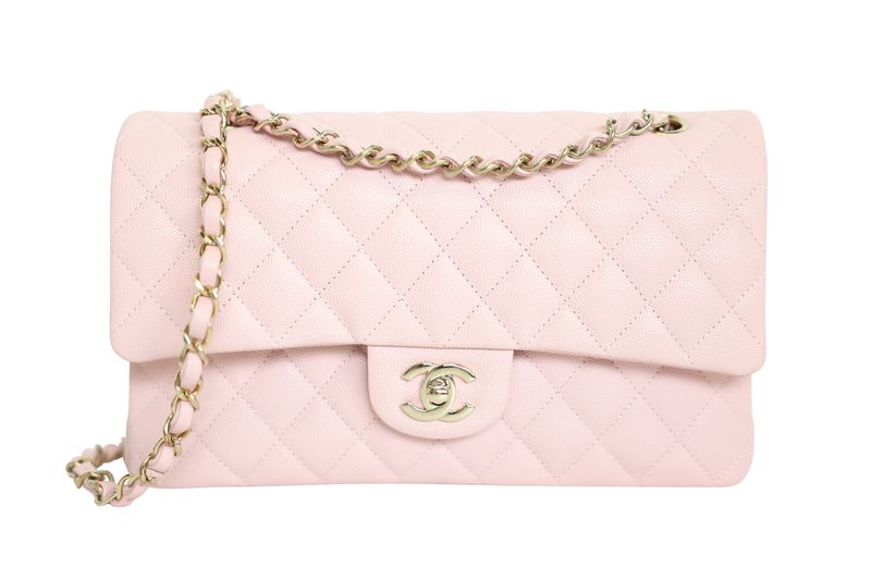 Chanel Classic Medium Double Flap with Lengthened Strap, Light Pink Quilted Caviar and Gold Hardware, Preowned in Box WA001