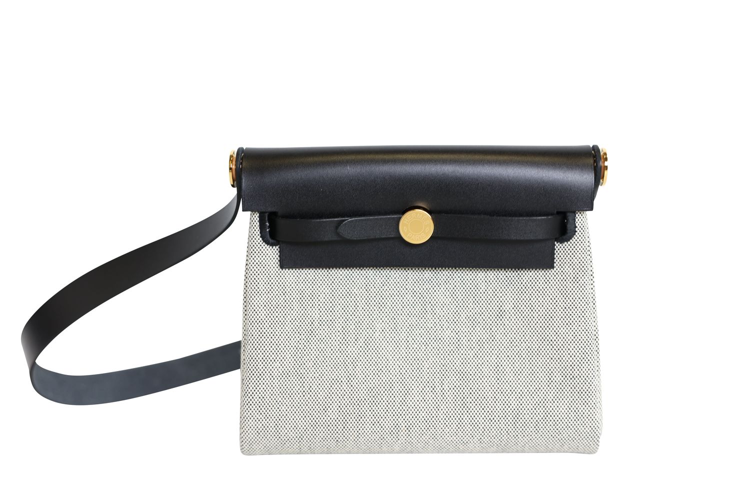 Hermes Herbag Zip 20 Mini Bag, Black Militaire Canvas and Hunter Cowhide with Gold Hardware, K 2025 Stamp, New in Box WA001