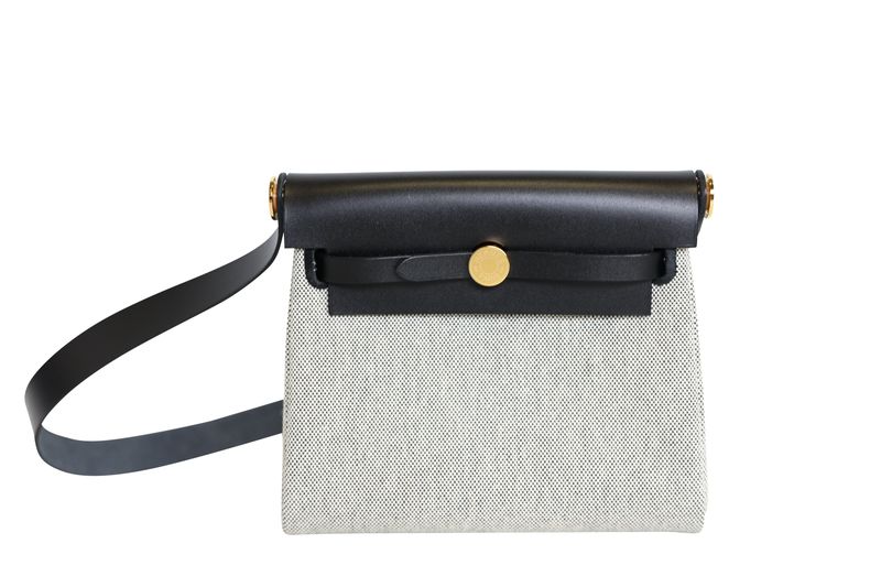 Hermes Herbag Zip 20 Mini Bag, Black Militaire Canvas and Hunter Cowhide with Gold Hardware, K 2025 Stamp, New in Box WA001