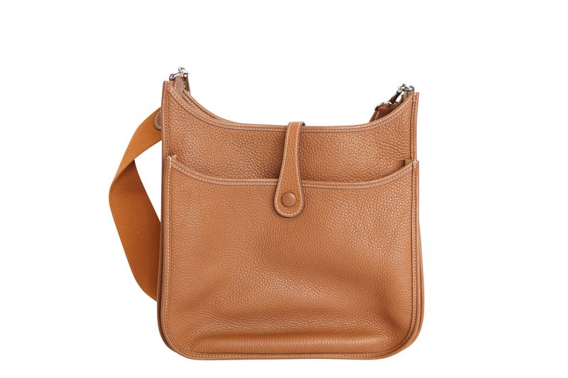 Hermes Evelyne Crossbody II PM, Gold Togo Leather and Palladium Hardware, B 2023 Stamp, Preowned in Dustbag WA001