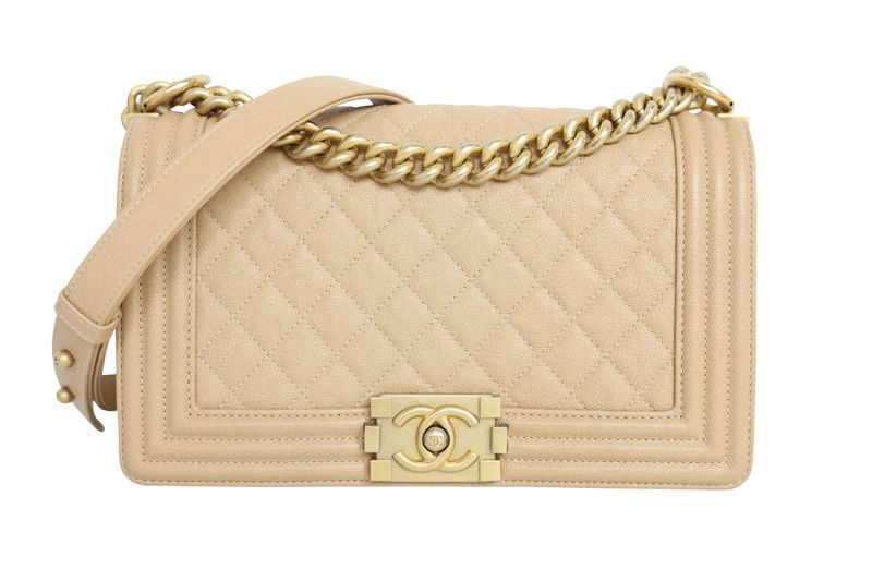 Chanel Boy Old Medium Bag, Beige Quilted Caviar and Gold Hardware, Preowned in Dustbag WA001