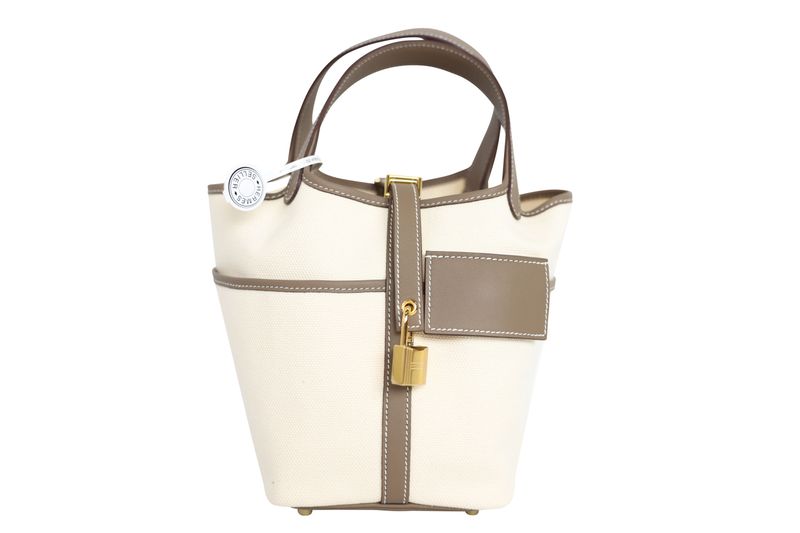 Hermes Picotin 18 Pocket Bag, Ecru Canvas and Etoupe Swift Leather and Gold Hardware, K 2025 Stamp, New in Box WA001
