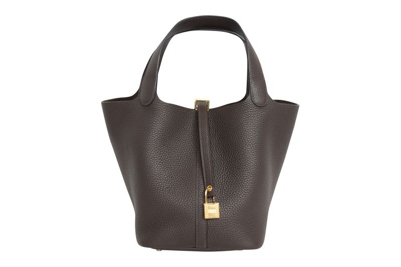 Hermes Picotin Lock 22 Bag, Ebene Brown Clemence Leather and Gold Hardware, W 2024 Stamp, Preowned in Box WA001