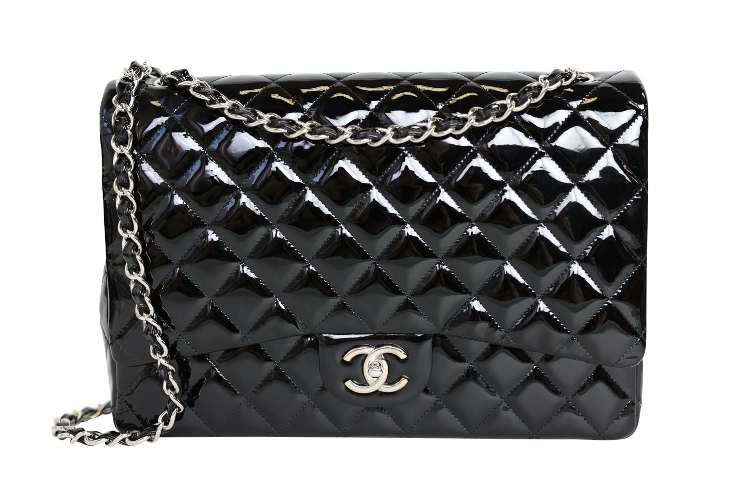 Chanel Classic Maxi Bag, Black Quilted Patent Leather and Silver Hardware, Preowned in Box WA001