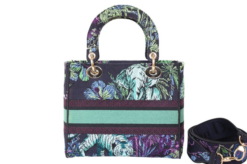Dior Lady Dior D-Lite Medium Bag, Blue Green Toile De Jouy Voyage Canvas and Gold Hardware, Preowned in Box WA001