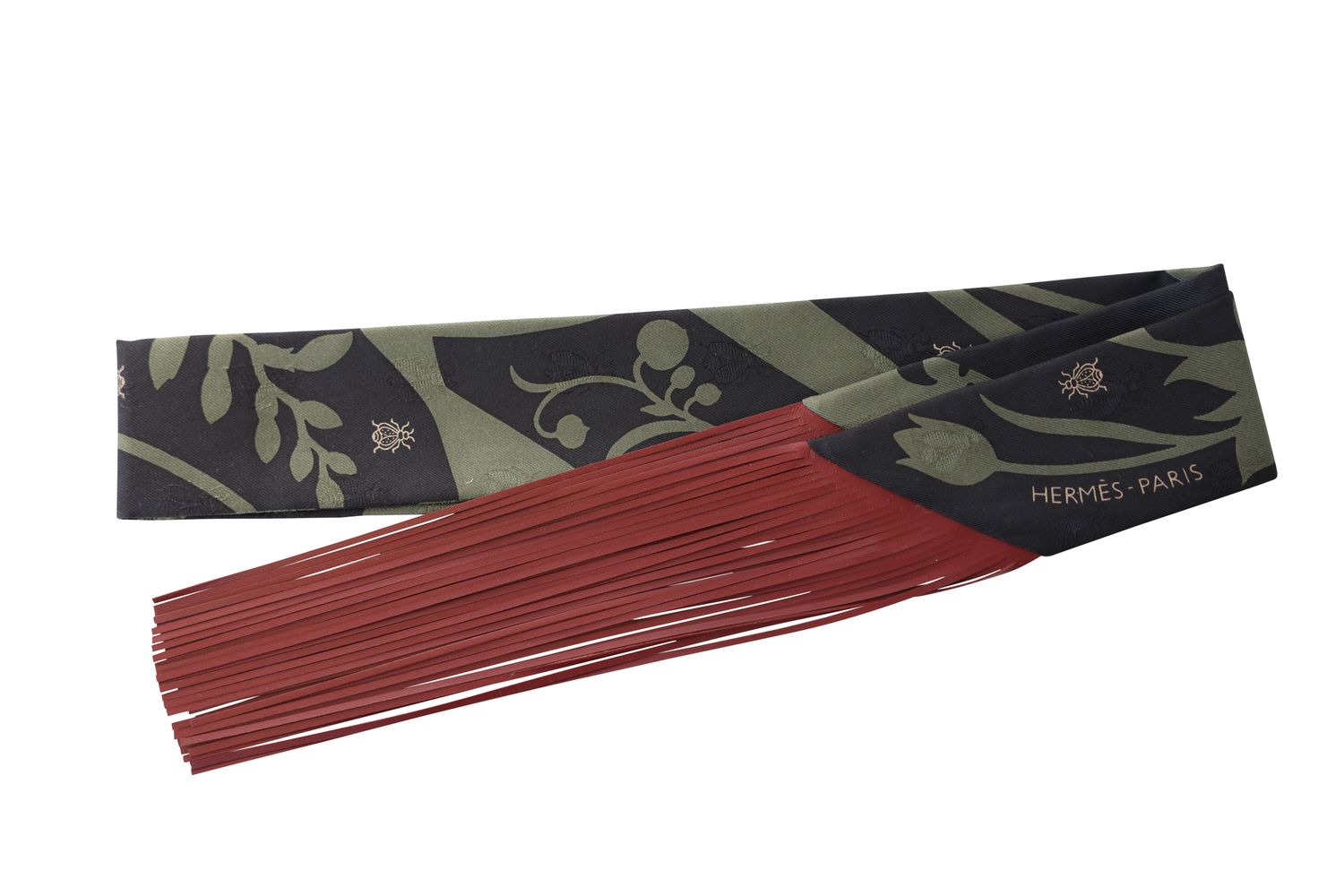 Hermes Bouquet Final Fringe Twilly, Vert Loden and Black Silk with Red Leather, New in Box WA001