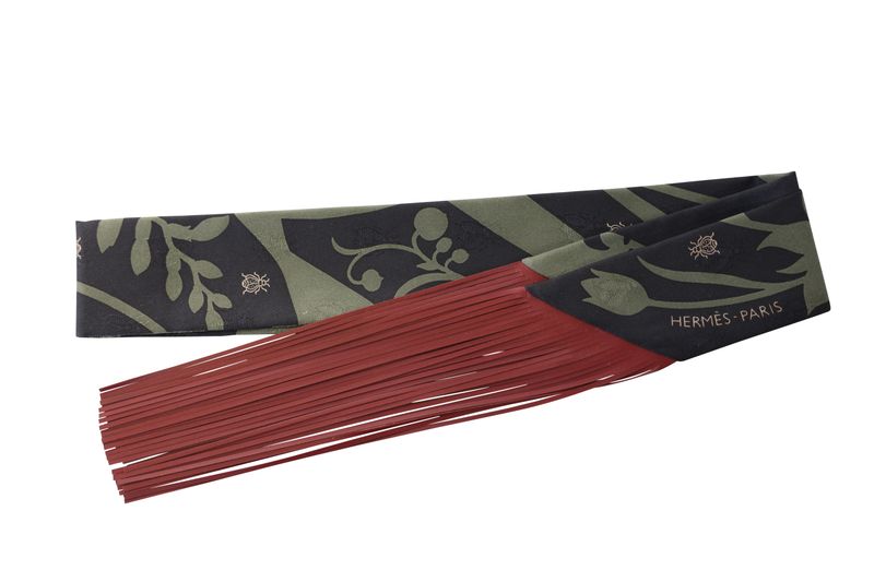 Hermes Bouquet Final Fringe Twilly, Vert Loden and Black Silk with Red Leather, New in Box WA001