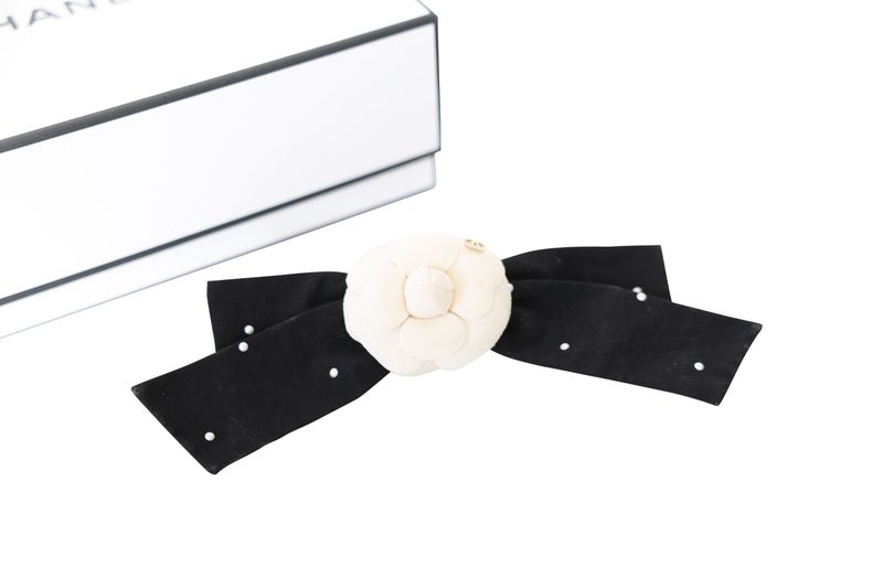 Chanel Camellia Large Bow Hair Clip, Black Satin and Cream Textile, Preowned in Box WA001