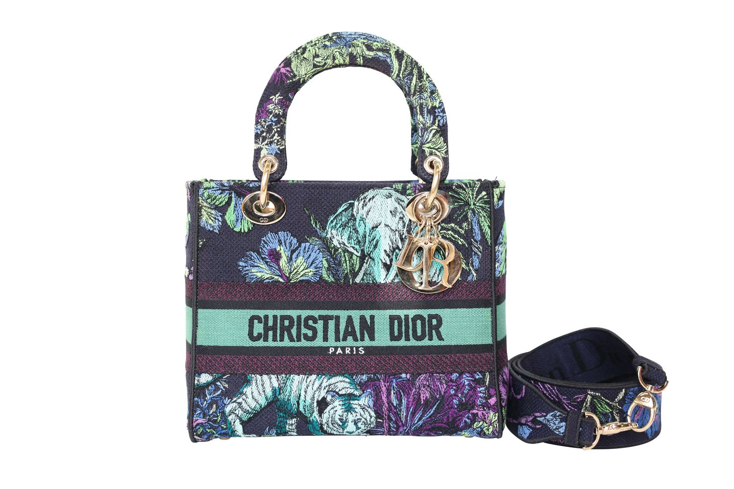 Dior Lady Dior D-Lite Medium Bag, Blue Green Toile De Jouy Voyage Canvas and Gold Hardware, Preowned in Box WA001