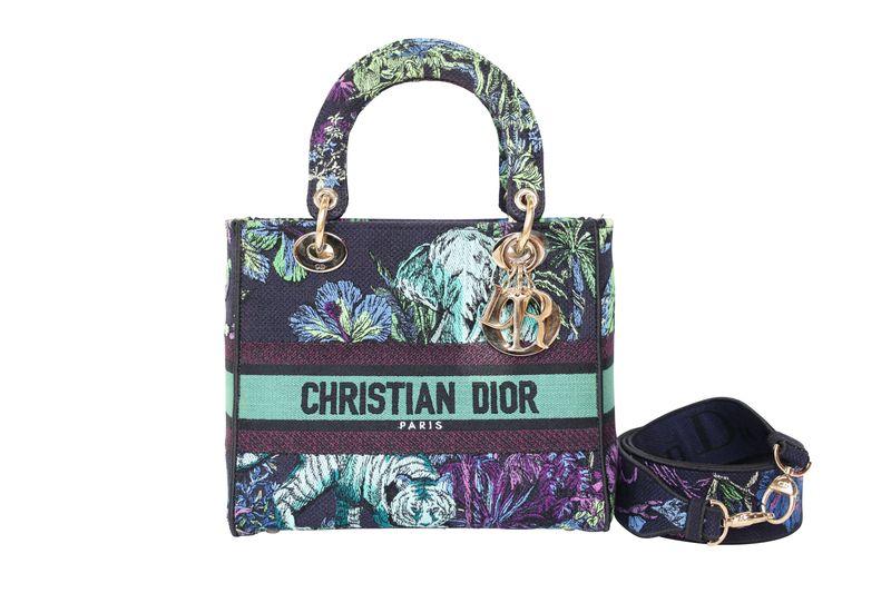 Dior Lady Dior D-Lite Medium Bag, Blue Green Toile De Jouy Voyage Canvas and Gold Hardware, Preowned in Box WA001