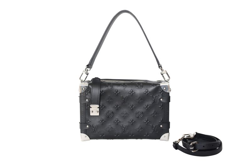 Louis Vuitton Side Trunk MM Handbag, Black Monogram Debossed Calfskin and Silver Hardware, Preowned in Box WA001