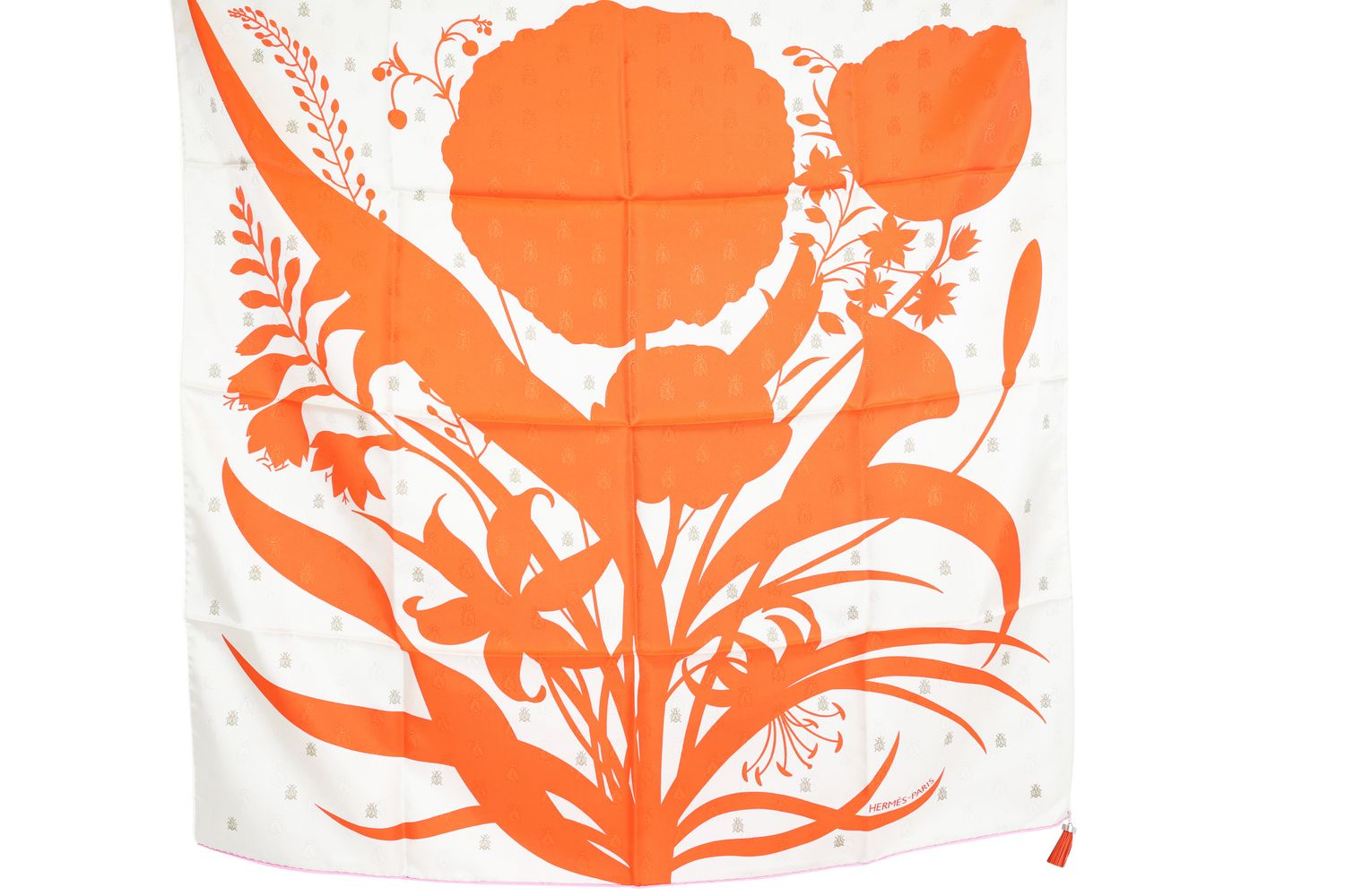 Hermes Bouquet Final Leather Tassel 90 Scarf, Gris Perle,  Vermillon and Rose Silk, New in Box WA001