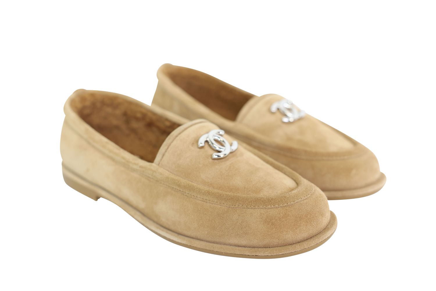 Chanel CC Loafer Shoes, Dark Beige Suede Calfskin and Shearling, Size 38, New in Box WA001