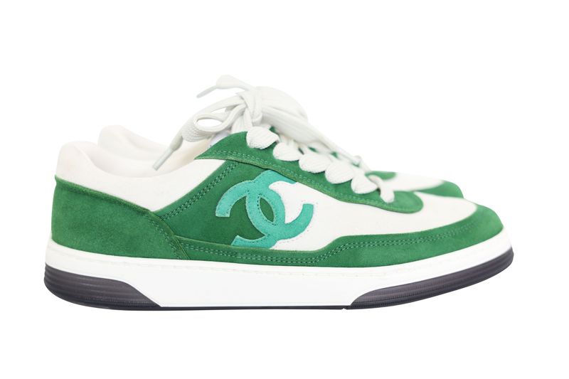 Chanel CC Sneaker Shoes, Green and White Suede, Size 37, Preowned in Box WA001