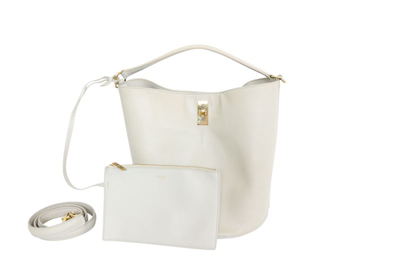Celine 16 Bucket Bag, White Leather and Gold Hardware, Preowned in Box WA001