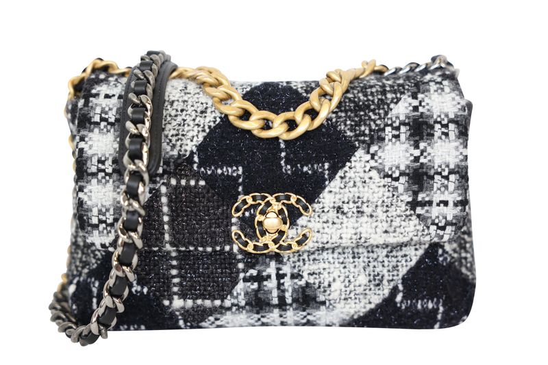 Chanel 19 Medium Flap Bag, Black and White Check Tweed with Mixed Hardware, Preowned in Box WA001