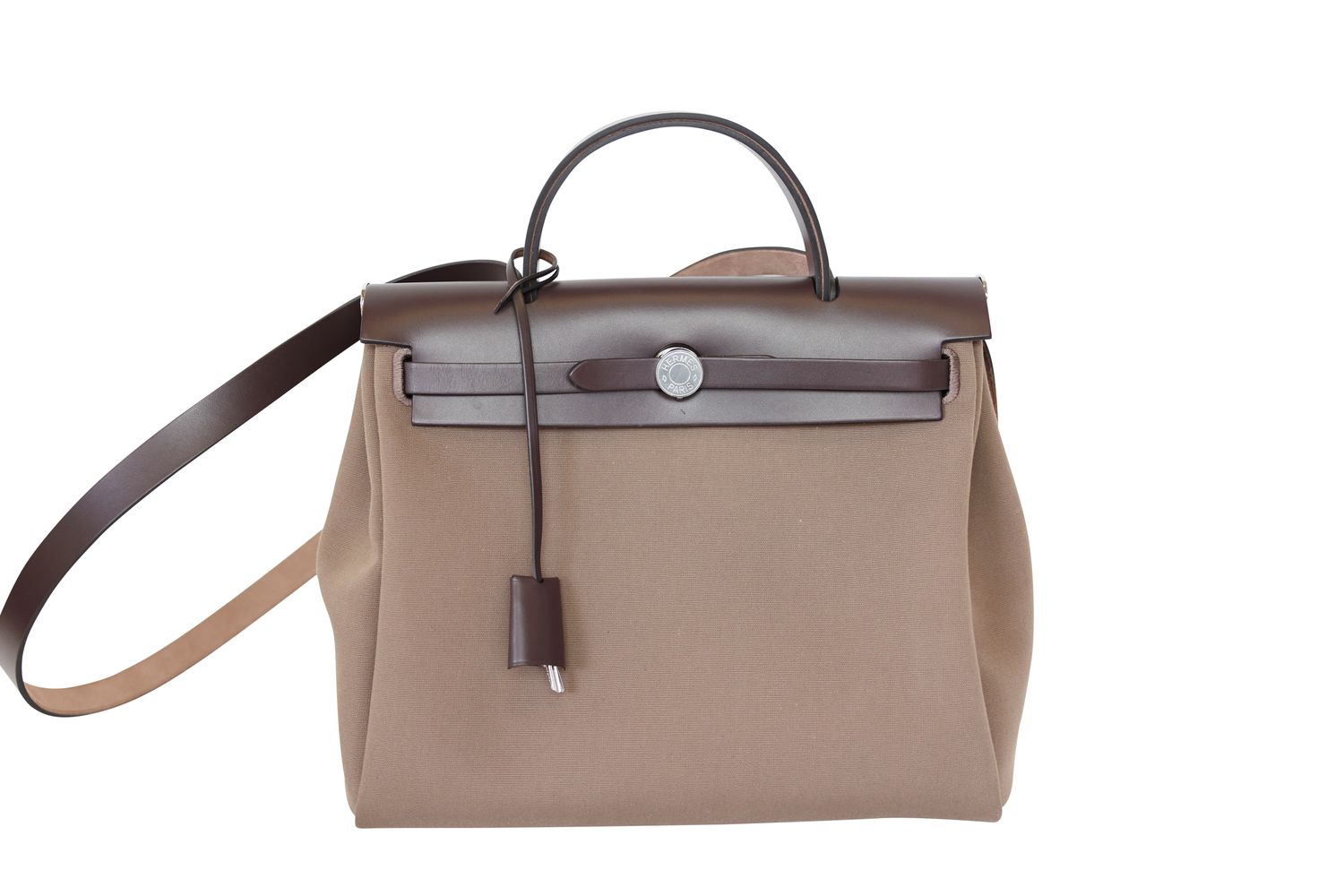 Hermes Herbag Zip 31, Etoupe Militaire Canvas and Ebène Hunter Cowhide with Palladium Hardware, Preowned in Box WA001