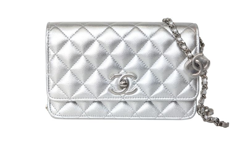 Chanel CC 25B Wallet on Chain, Silver Calfskin Leather and Hardware, New in Box WA001
