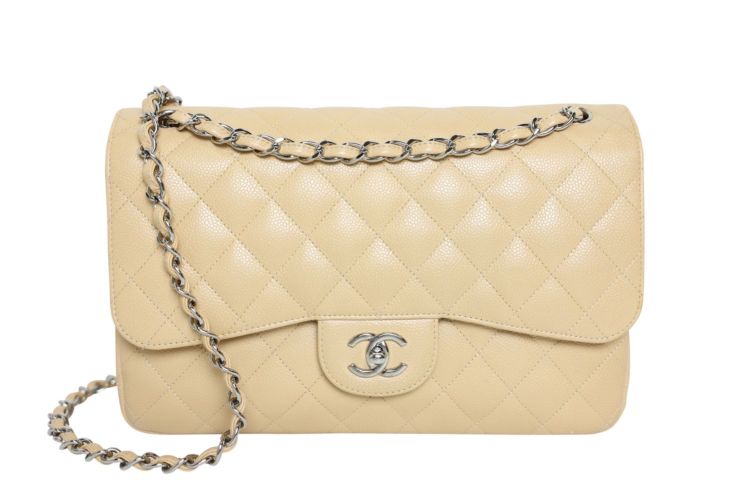Chanel Classic Jumbo Double Flap, Beige Caviar Leather with Silver Hardware, Preowned in Box WA001