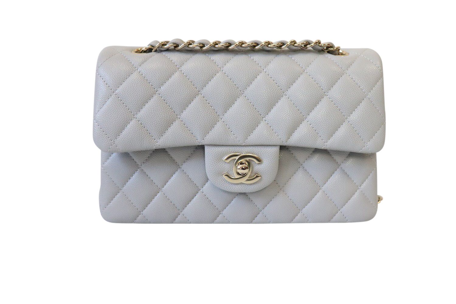 Chanel Classic Small Double Flap, 21A Gray Caviar Leather with Gold Hardware, New In Box WA001