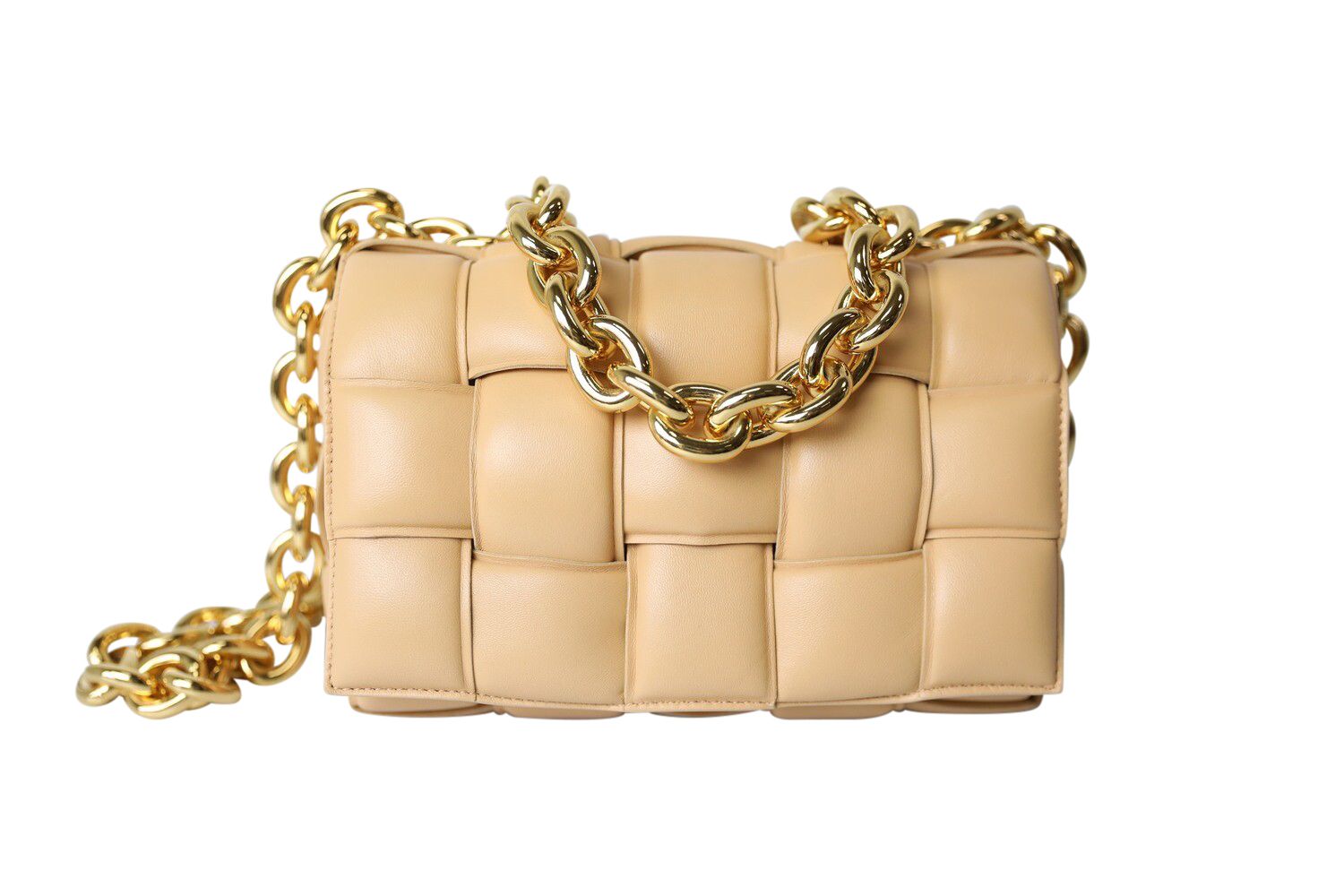 Bottega Venetta Padded Cassette with Chain, Beige with Gold Hardware, Preowned in Dustbag WA001