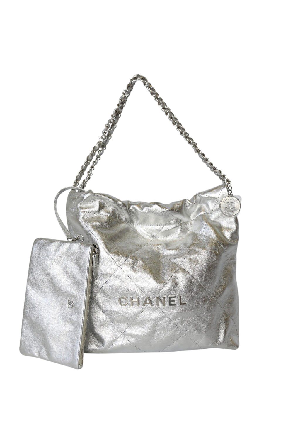 Chanel 22 Small Quilted Hobo Tote, Silver Calfskin With Silver