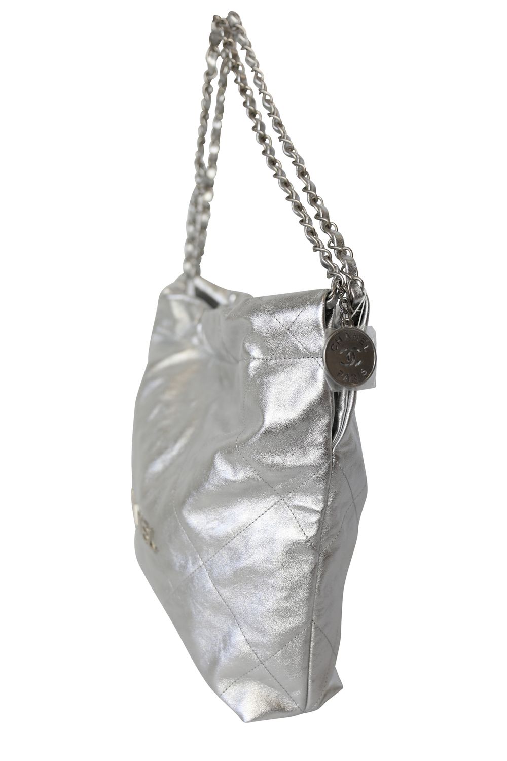 Chanel 22 Small Quilted Hobo Tote, Silver Calfskin With Silver