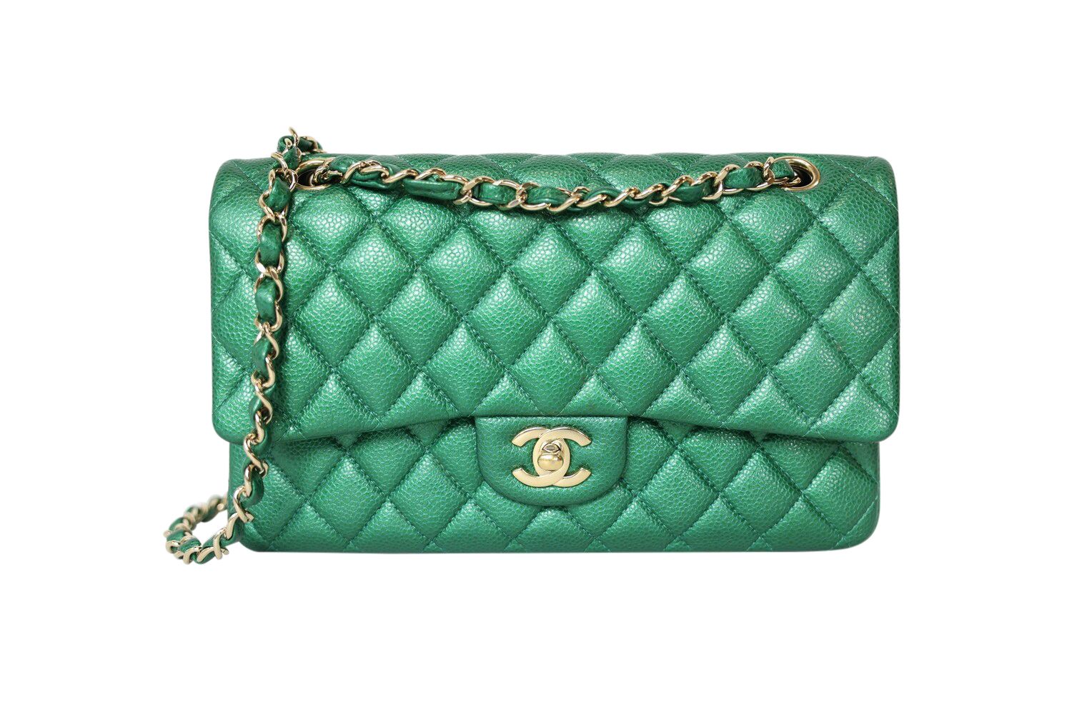 Chanel Classic Medium, 18S Emerald Green Caviar with Gold Hardware, Preowned in Box MA001