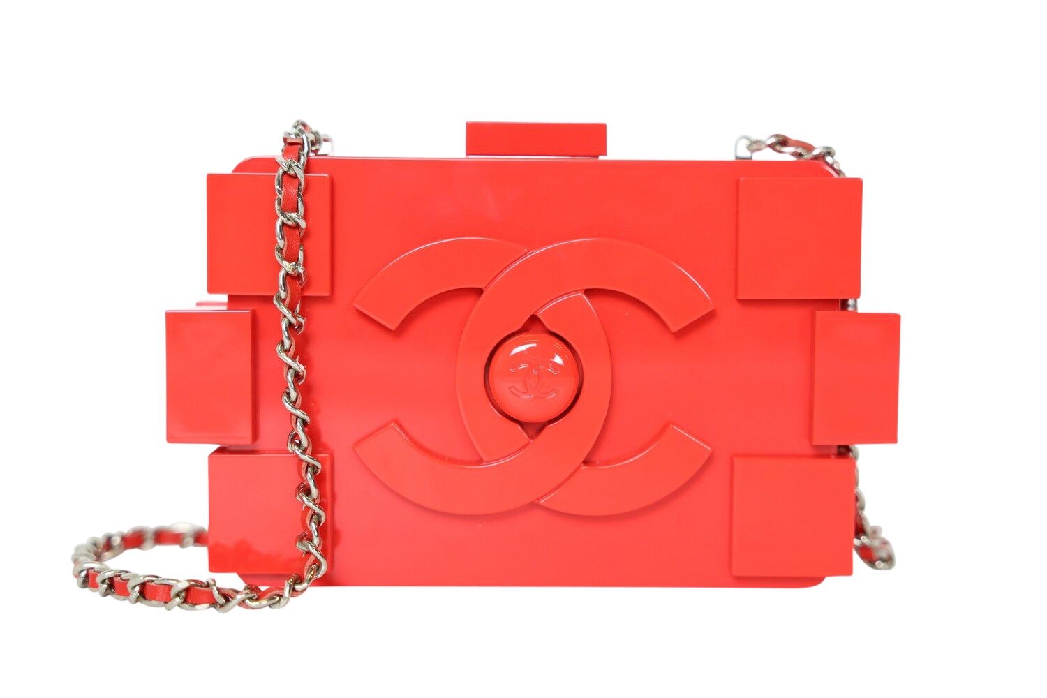 Chanel Lego Brick Red, Plexiglass With Silver Hardware, Preowned In Box MA001