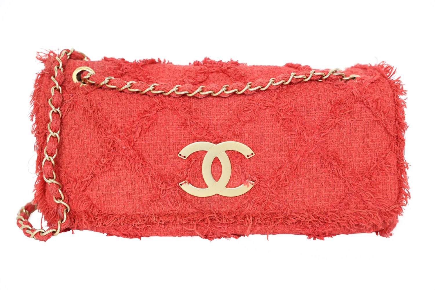 Chanel Seasonal Bag, Red Tweed With Gold Hardware Preowned In Dustbag WA001