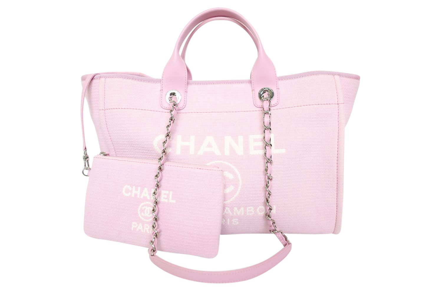 Chanel Deauville Tote Large, Pink with Silver Hardware, Preowned In Box WA001