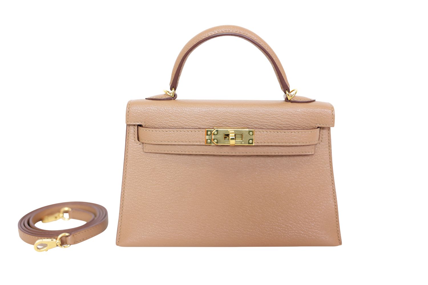 Hermes Kelly Mini 20, Tan Quebracho Chèvre Mysore Leather with Gold Hardware, Preowned in Box WA001