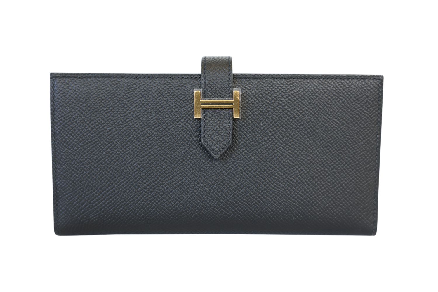 Hermes Bearn Gusset Wallet, Black Epsom Calfskin with Gold Hardware, New in Box WA001