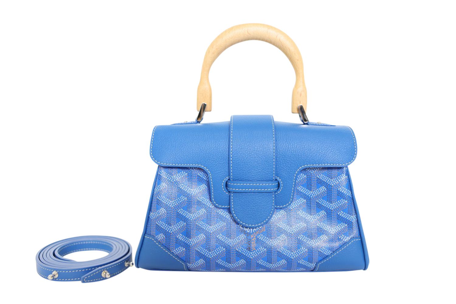 Goyard Saigon Souple Bag Mini, Sky Blue Goyardine Canvas and Chevroches Calfskin and Wood Handle with Silver Hardware, New in Box WA001
