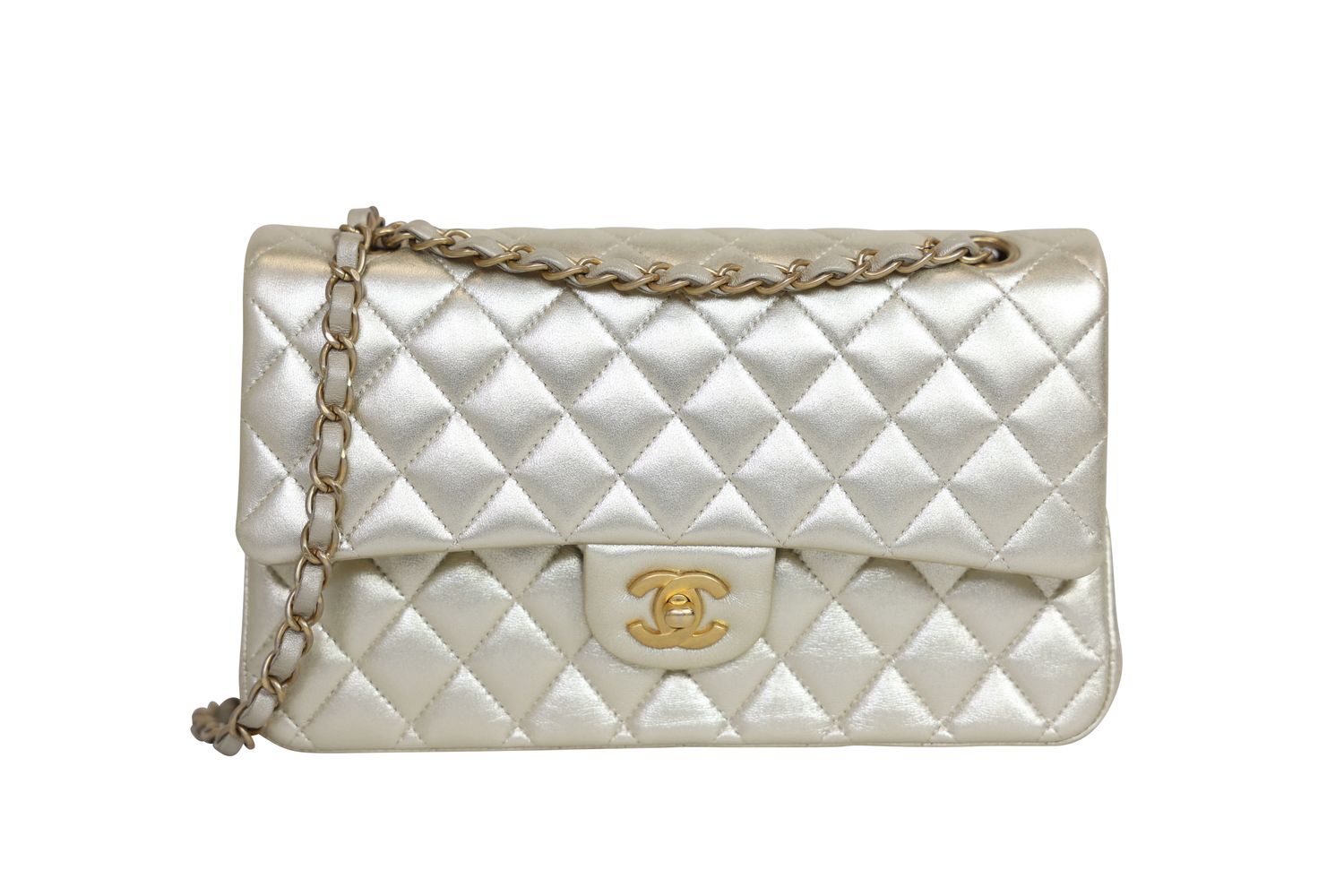 Chanel Classic Medium Double Flap, 22P Metallic Gold Lambskin with Gold Hardware, Preowned in Dustbag WA001