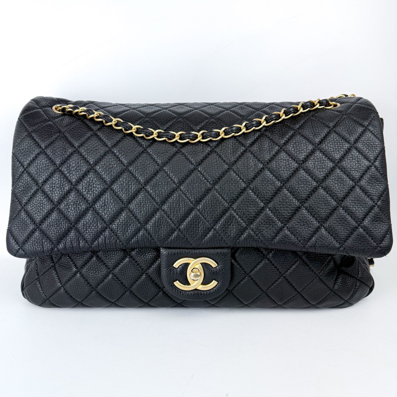 Chanel XL Airplane Flap, Black Caviar Leather, Gold Hardware, Preowned In Dustbag