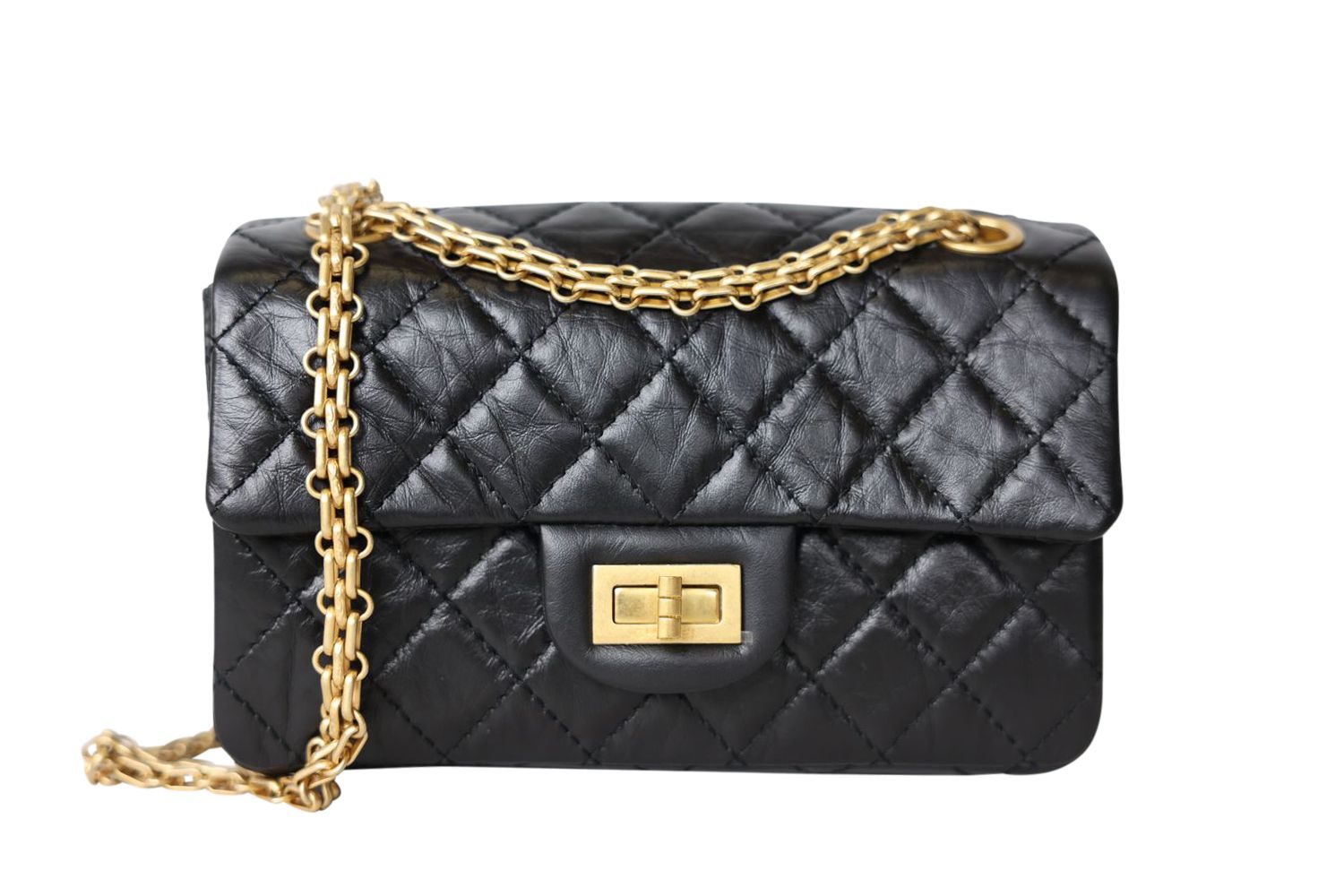 Chanel Reissue 2.55 Mini, Black Aged Calfskin with Gold Hardware, Preowned in Box WA001