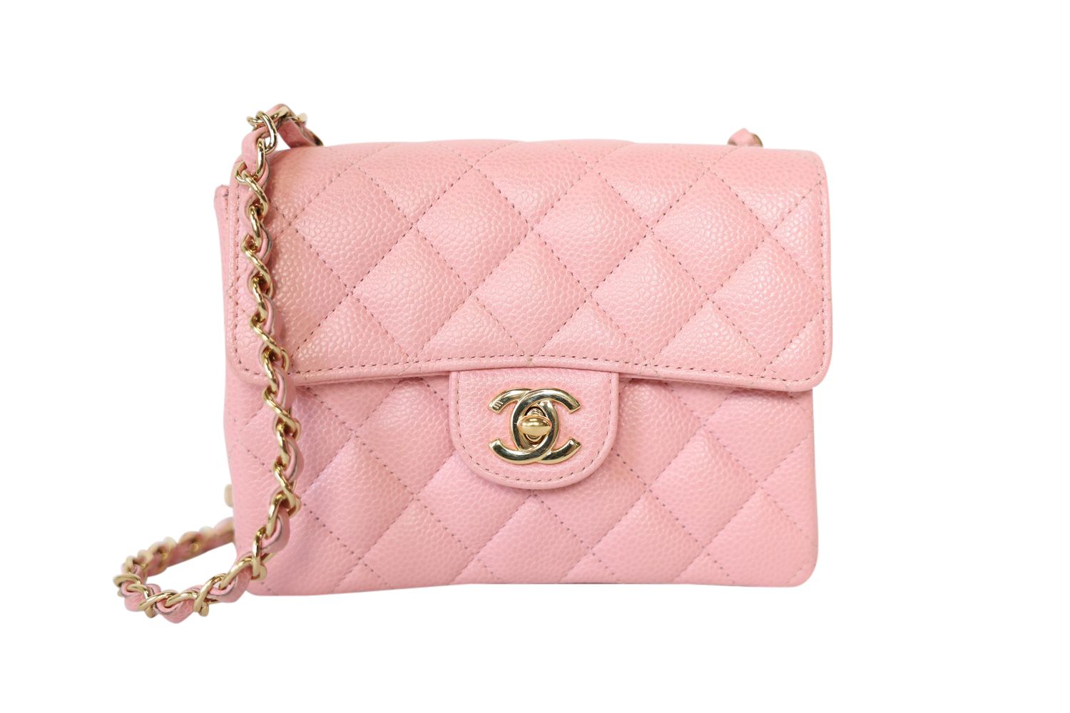Chanel Vintage Flap Mini Square, Sakura Pink Caviar with Gold Hardware, Preowned in Dustbag WA001
