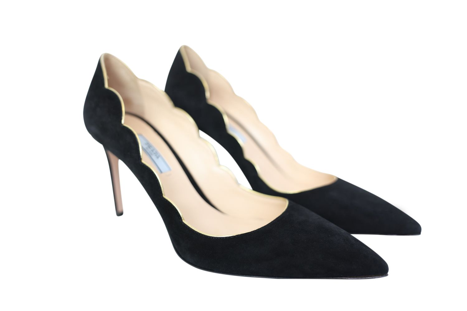 Prada Calzature Donna Shoes, Heeled Pumps Size 39, Black Suede and Gold Edge, New in Box WA001
