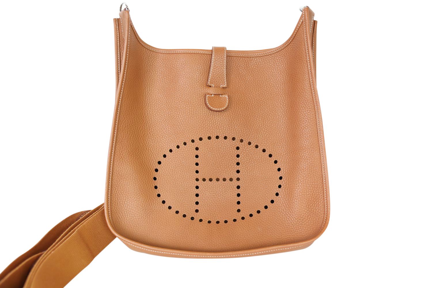 Hermes Evelyne III Size 29cm, Gold Clemence Taurillon with Palladium Hardware, B 2023 Stamp, Preowned in Box WA001