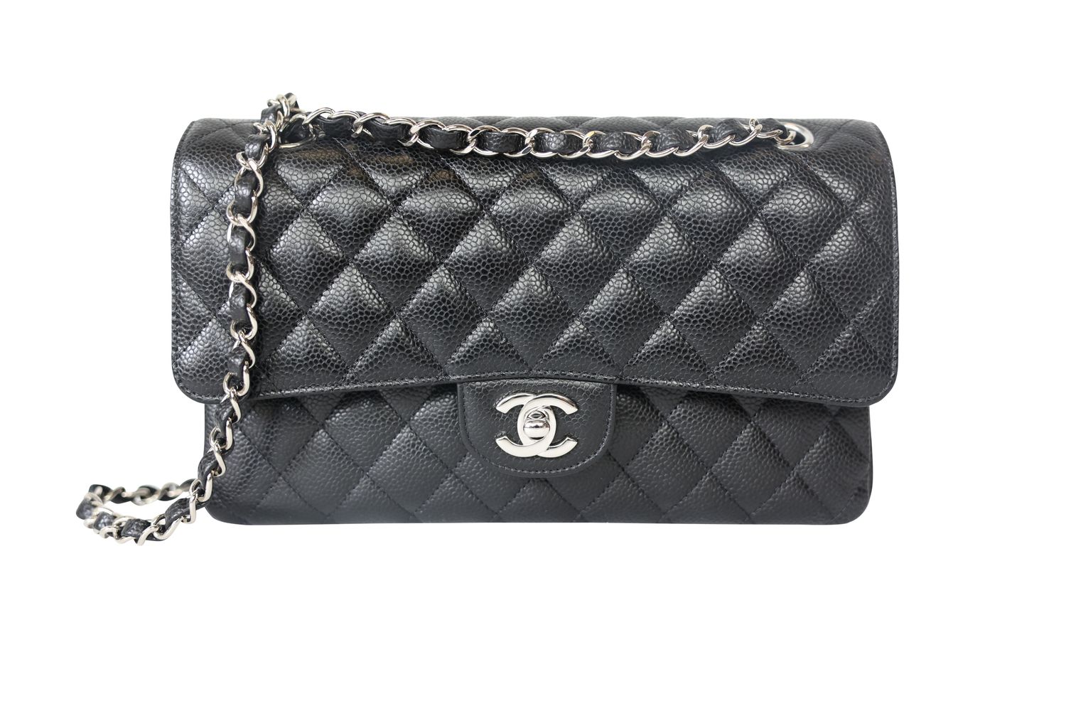 Chanel  Classic Double Flap Medium, Black Caviar Leather with Silver Hardware, Preowned in Box WA001