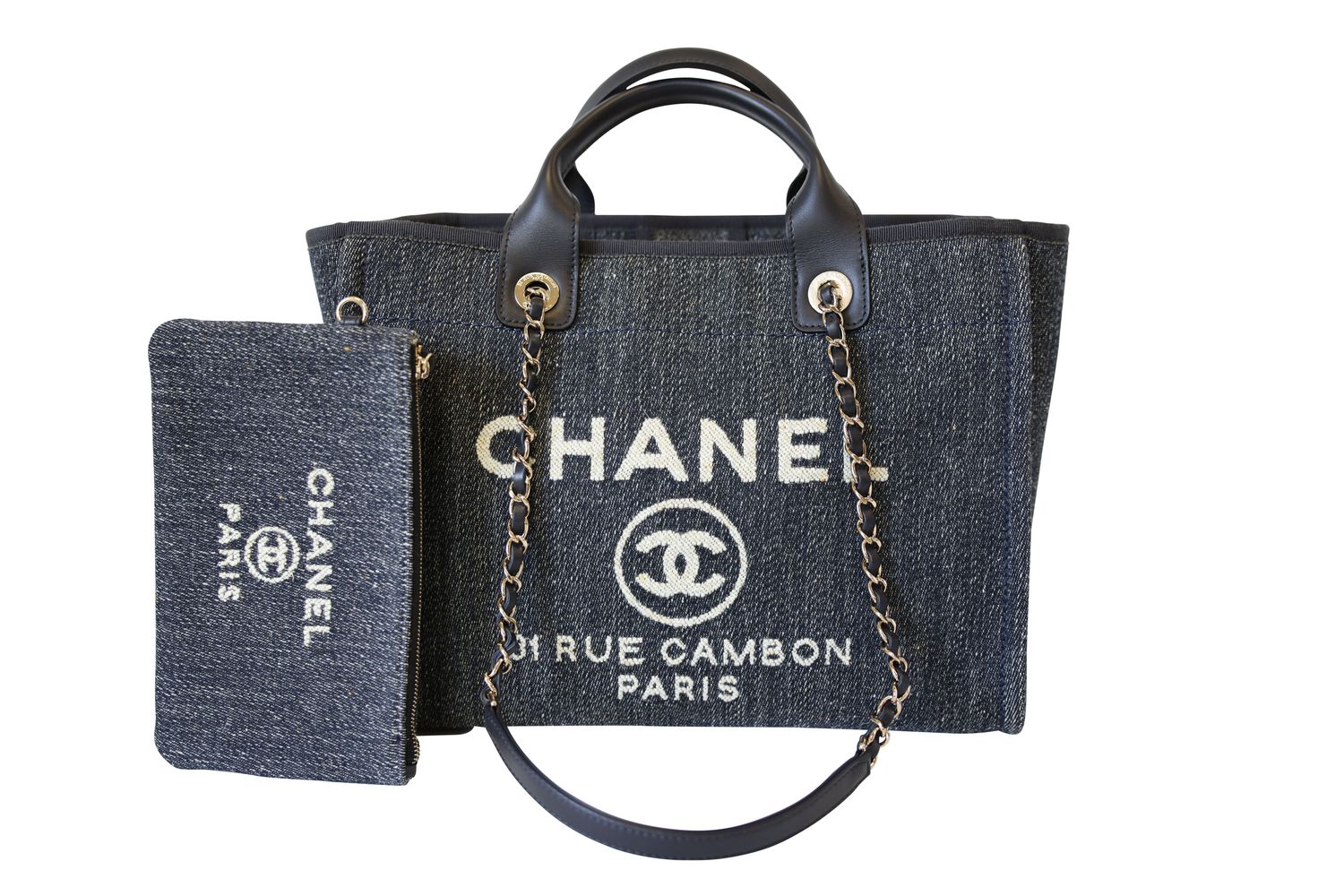 Chanel Deauville Small Tote, 22B Dark Blue Denim with Gold Hardware, Preowned in Box WA001