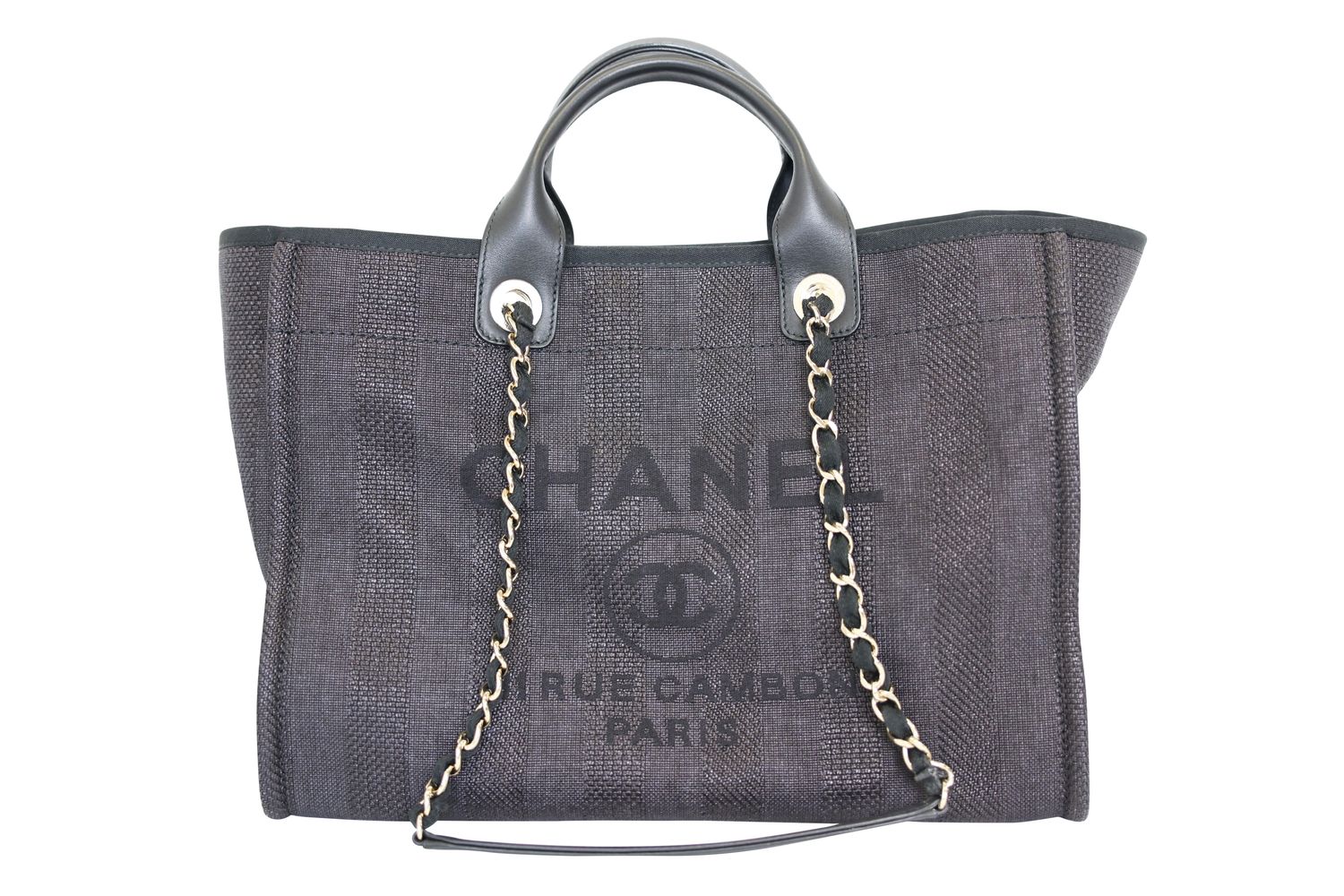 Chanel Deauville 20P Medium Tote, Black Canvas and Leather with Gold Hardware, Preowned in Box WA001