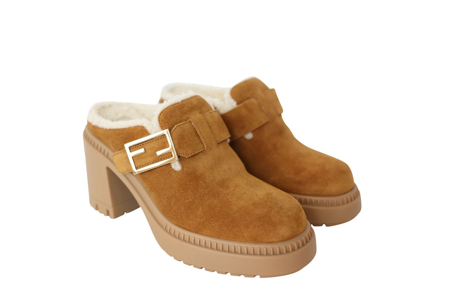 Fendi Feel Heeled Mules, Brown Suede and Sheepskin with Gold Hardware, Size 37.5, New in Box WA001