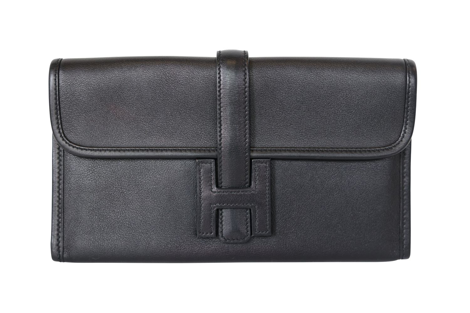 Hermes Jige Duo Clutch, Black Swift Leather with Palladium Hardware, P in Square 2012 Stamp, Preowned in Dustbag WA001
