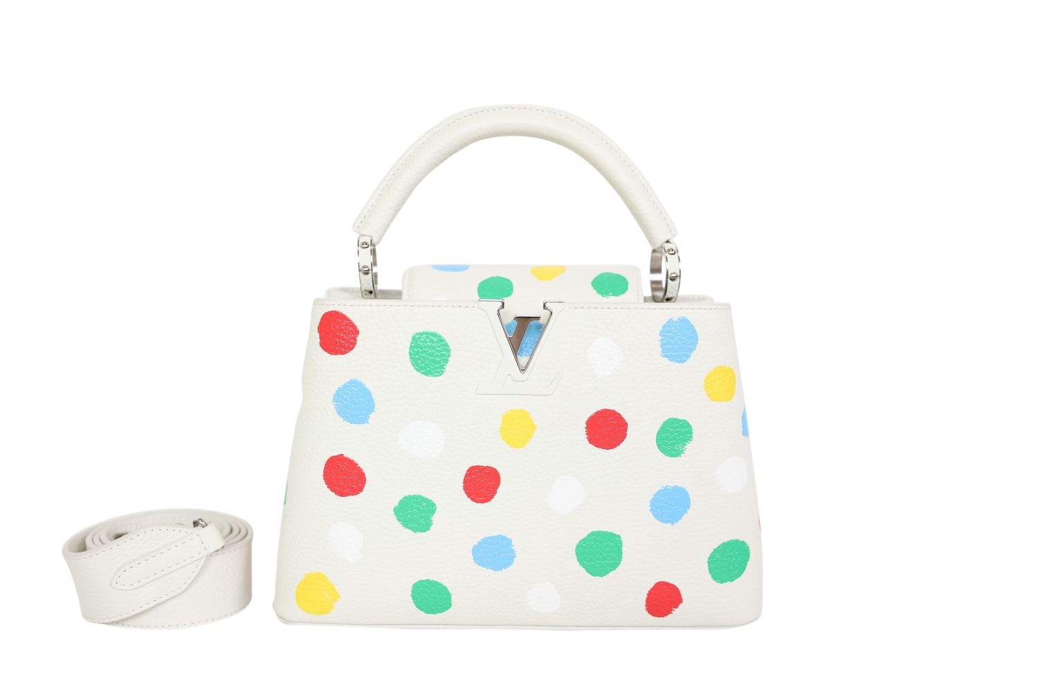 Louis Vuitton x Yayoi Kusama Capucines BB Bag, White Taurillon Leather with Multicolor Spots and Silver Hardware, Preowned in Box WA001