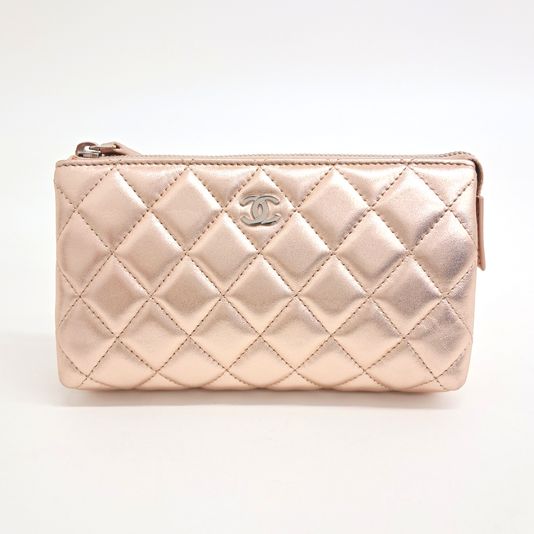 Chanel SLG Pouch, Rose Gold Metallic Leather, Silver Hardware, Preowned in Box GA001P