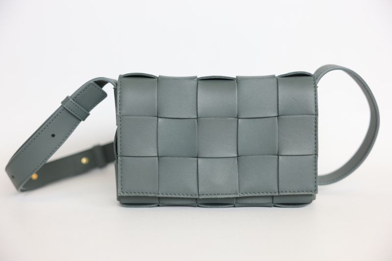 Bottega Veneta Cassette Crossbody Small Bag, Gray Intrecciato Leather and Gold Hardware, New in Dustbag WA001