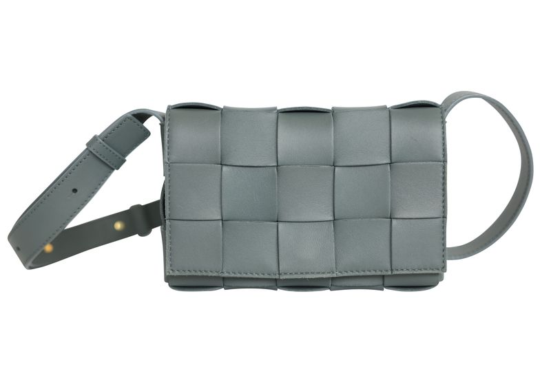 Bottega Veneta Cassette Crossbody Small Bag, Gray Intrecciato Leather and Gold Hardware, New in Dustbag WA001