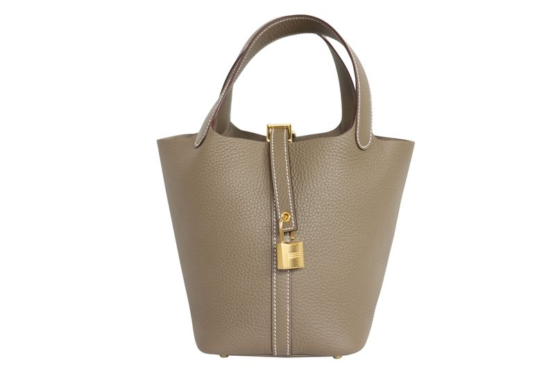 Hermes Picotin 18 Lock PM Bag, Beige Etoupe Clemence Bull Calfskin and Gold Hardware, K 2025 Stamp, New in Box WA001